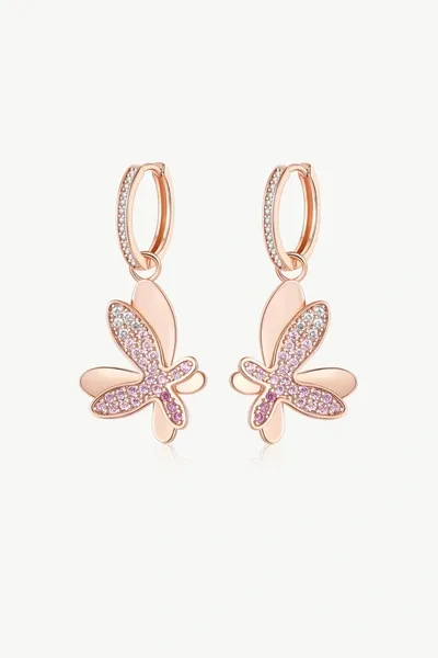 Classicharms Rose Gold Gradient Pink Pavé Diamond Butterfly Dangle Drop Hoop Earrings