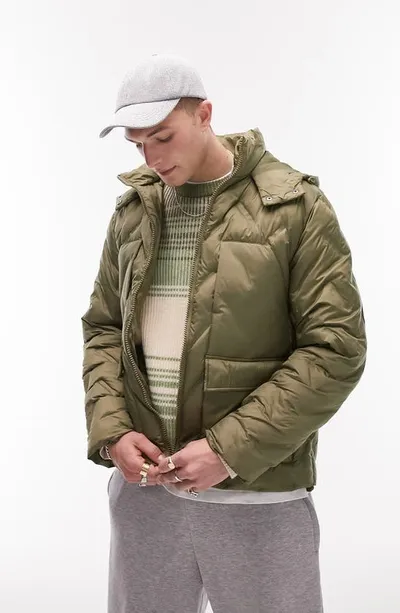 Topman Hooded Heat Press Chevron Quilted Puffer Jacket In Green