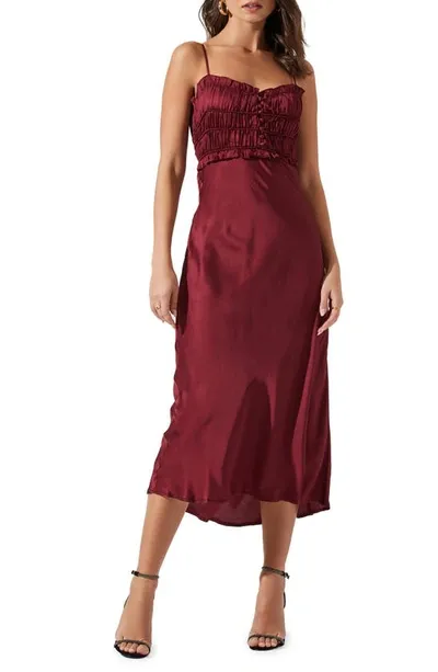 Astr Zola Shirred Satin Midi Dress In Red