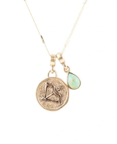 Barse Zodiac Coin Genuine Teardrop Charm Necklace In Sagittarius- Genuine Turquoise