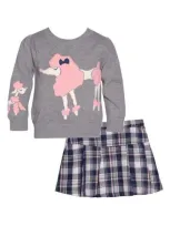 Bonnie Jean Kids' Poodle Sweater & Plaid Skirt Set In Grey