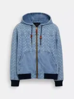 Coach Outlet Signature Denim Hooded Zip Up Jacket In Blue