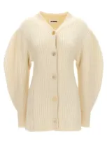 Jil Sander Ribbed Cardigan Sweater, Cardigans White