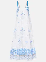 Juliet Dunn Floral Cotton Midi Dress In White/ R.blue