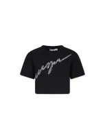 Msgm Kids' Black Crop T-shirt For Girl With Logo