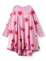 Nununu Kids' Star Print Long Sleeve Cotton Dress In Super Pink