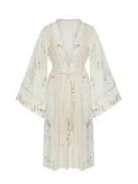 Women&women Women's Neutrals / White Woven, Linen Blend Special Printed, Natural Color Kimono